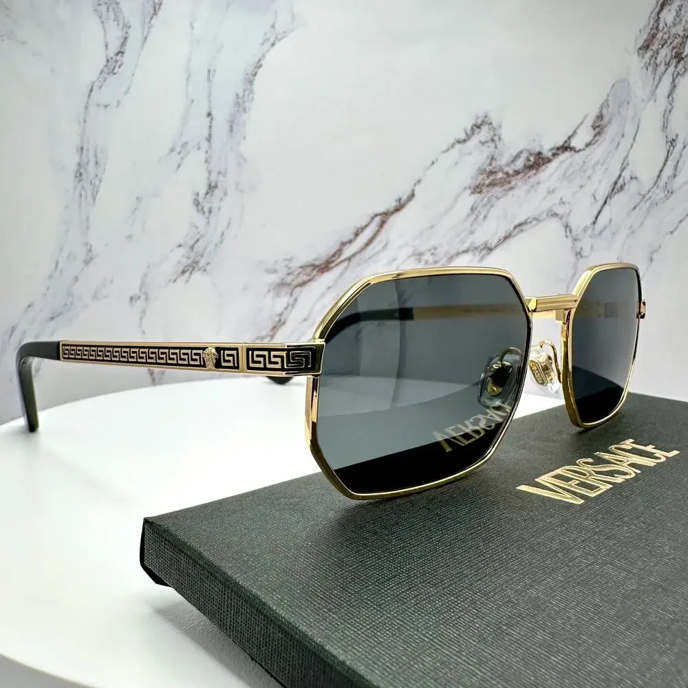 New VERSACE Sunglasses Gold Metal Rectangle Greca Logo Grey Lens Retro Authentic